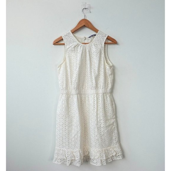 White Eyelet Dress Medium PETER SOM Cotton Mini Flare Layered Casual‎ Antique - Picture 1 of 11